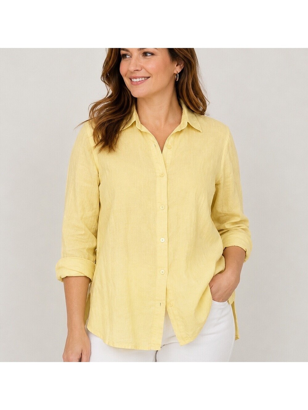 Jones New York Sport 100% Linen Yellow Button Front Tunic Blouse Women’s L